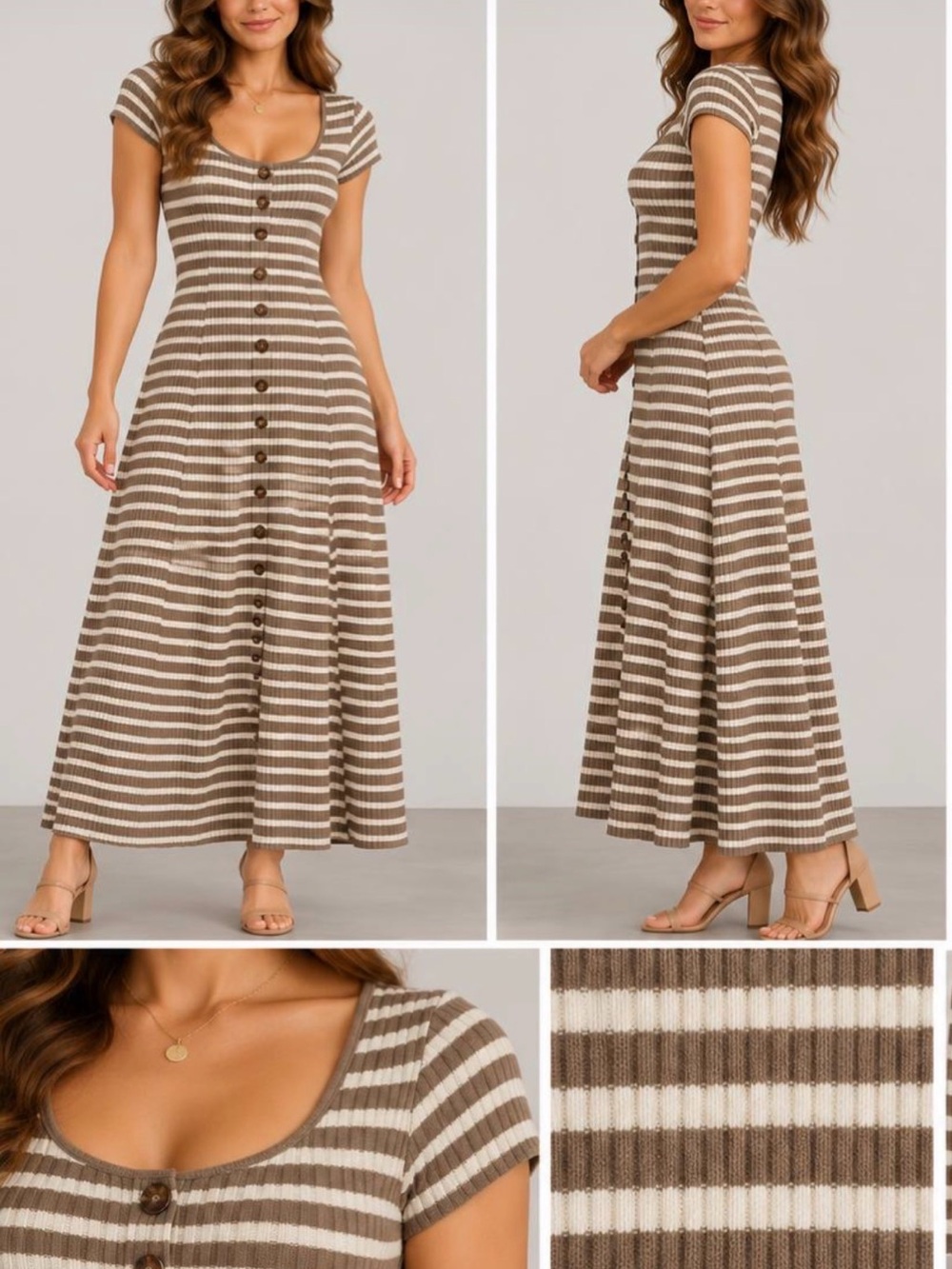 Timing Taupe & Cream Striped Button-Front Maxi Dress